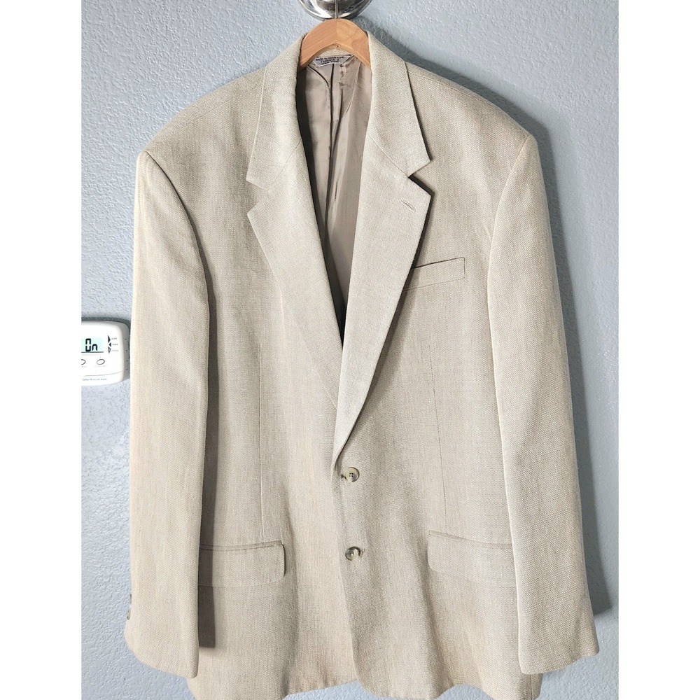 Vtg AKA Eddie Bauer Mens 48L Linen Cotton Sports Coat Oatmeal Made Hong Kong Dad